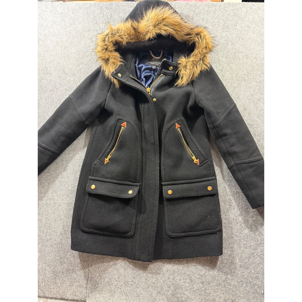 J.Crew Chateau Parka Italian Stadium Cloth Wool Black Faux Fur Hood Coat 4